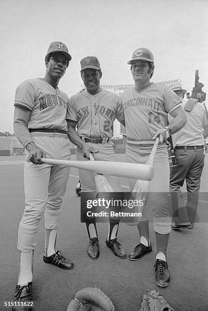 These National League outfielders , Houston Astros Cesar Cedeno, New York Mets Willie Mays, and Cincinnati Reds Pete Rose will be wielding the big...