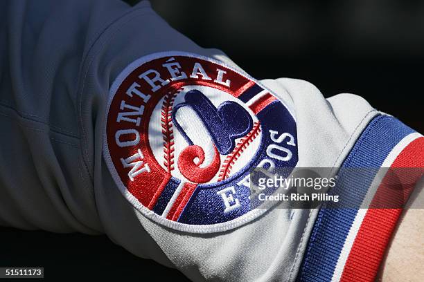 Detail view of a Montreal Expos patch showing their logo during the game between the New York Mets and Montreal Expos at Shea Stadium on October 3,...