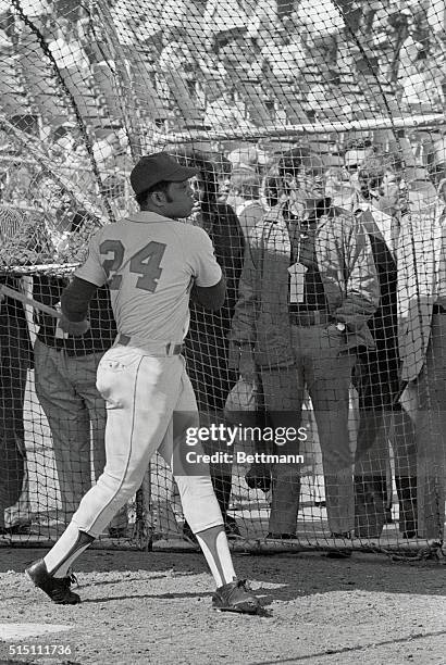 The immortal Willie Mays, who has announced his retirement from baseball at the end of the season after 23 years in the game is shown, as he takes...