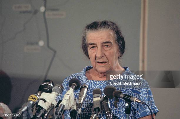 Tel Aviv: Addressing newsmen from most parts of the globe, Mrs. Golda Meir, Israeli Prime Minister, predicts an Israeli victory in the current Middle...