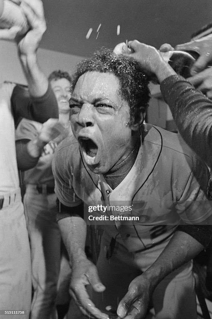 Willie Mays Yelling Under Champagne Drench