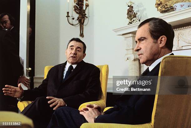 Washington, D.C.: President Richard Nixon with Andrei Gromyko, Soviet Foreign Minister seated in the presidential office.
