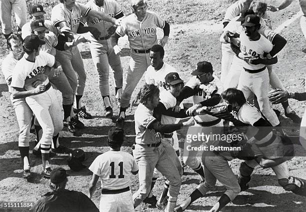 Red Sox-Yankees Battle. Boston: Dugout-emptying melee erupts in the 9th inning at Fenway Park August 1, when Bosox catcher Carlton Fisk pushed...