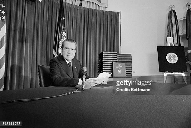 Washington: President Nixon said he will turn over 1,200 pages edited transcripts about the Watergate scandel to the House Judiciary Committee that...