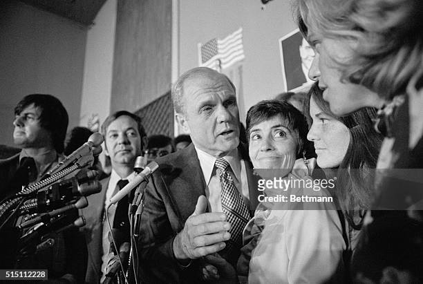 Columbus, Ohio: Former astronaut John Glenn accepts congratulations as his wife, Annie and daughter, Lynn , look on after John Glenn defeated...