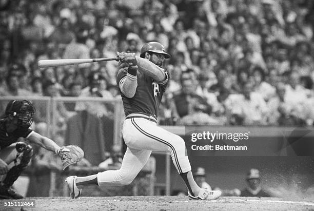 Cleveland: Reggie Jackson, Oakland's star outfielder, is all twisted after fouling a Gaylord Perry pitch in 5th inning action. Jackson, who received...