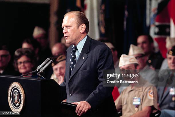 Chicago, Illinois: President Gerald Ford addresses a convention of the Veterans of Foreign Wars in Chicago.