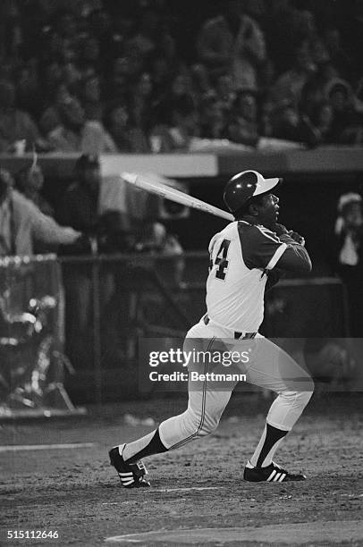 Hank Aaron of the Milwaukee Braves hits his 715th homer in game with Dodgers