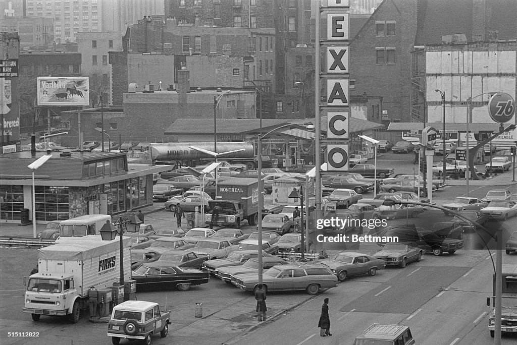 Aerial View of Cars Trying to Get Rationed Gas