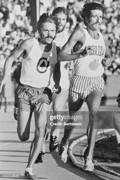 Eugene, Oregon: Steve Prefontaine, , running for the Oregon Track Club, pulled ahead of Frank Shorter of the Florida Track Club on the first lap of...