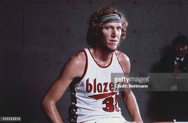 Close up of Bill Walton, basketball player for the Portland Trail Blazers in his uniform. Undated color slide.