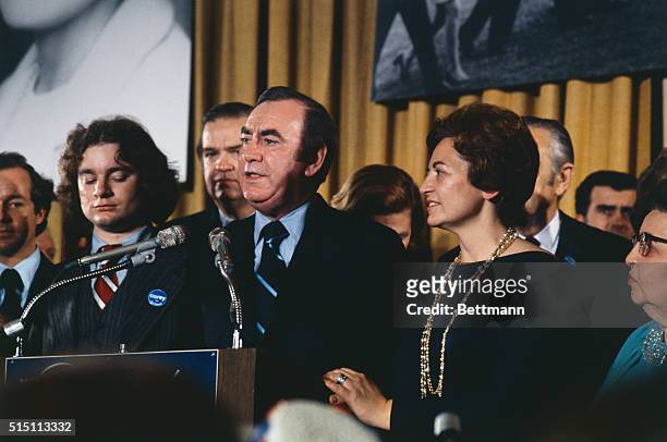 New York, New York: Governor-elect Hugh Carey of New York State, and his Lt. Gov. Mary Anne Krupsak address their supporters following their victory...