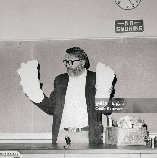Dr. Grover Krantz, physical anthropologist at Washington State University, displays casts of footprints he believed were made by a Sasquatch in a...