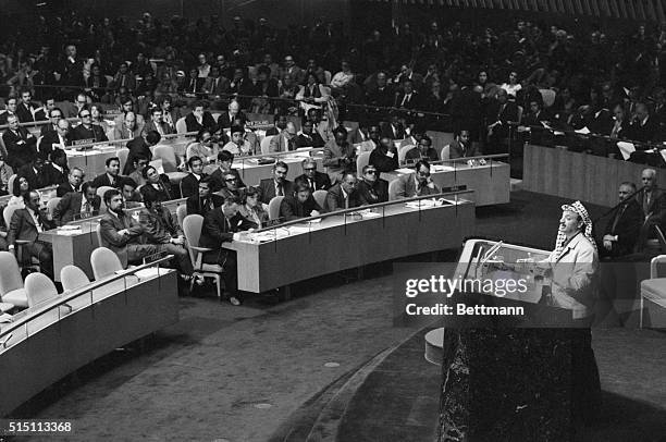 New York, New York- The Israeli delgation in conspicuous by its absence as PLO leader Yasser Arafat addresses the UN General Assembly.