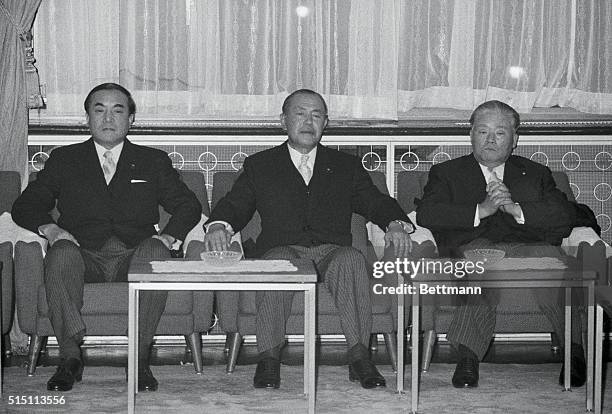 Tokyo: Premier Kakuei Tanaka is flanked by his closest allies Finance Minister Masayoshi Ohira and Int'l. Trade and Industry Minister Yashuhiro...