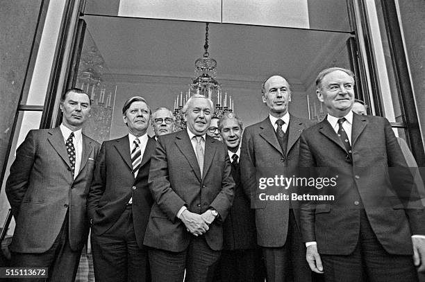 Paris: The "picture of the Family" on the Elysee Palace step after lunch here. Left to right: Leo Tindemans Helmut Schmidt Paul Hartling Harold...
