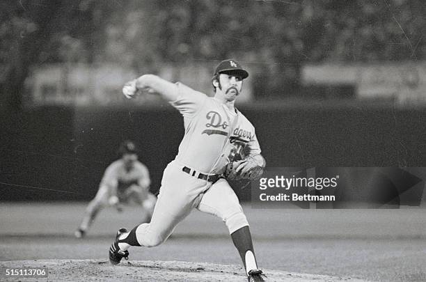 Los Angeles Dodgers' relief pitcher Mike Marshall pitching against the Oakland Athletics in the 1974 World Series.