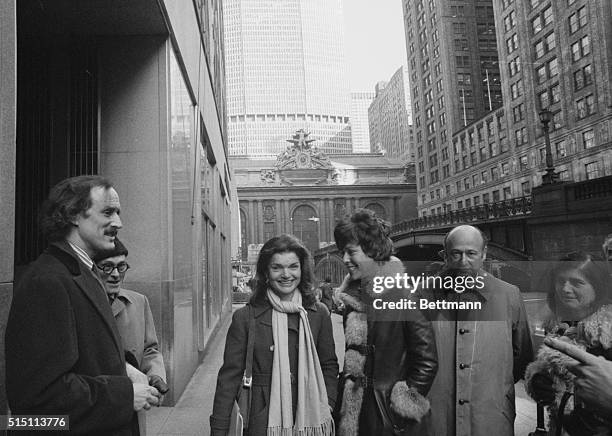 Mrs. Jacqueline Kennedy Onassis and Bess Myerson with Ed Koch walk along Park Avenue past Grand Central Station. Mrs. Onassis went to Grand Central...