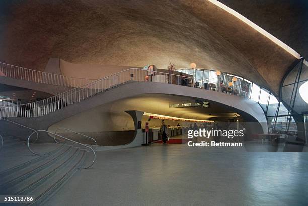 New York, NY: TWA Terminal at Kennedy International Airport. Slide shows interior view facing the ticket counters.