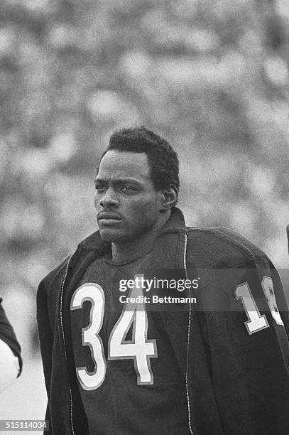 Chicago Bears' player Walter Payton is shown in a close-up during the singing of the national anthem prior to the start of a game against Kansas City.