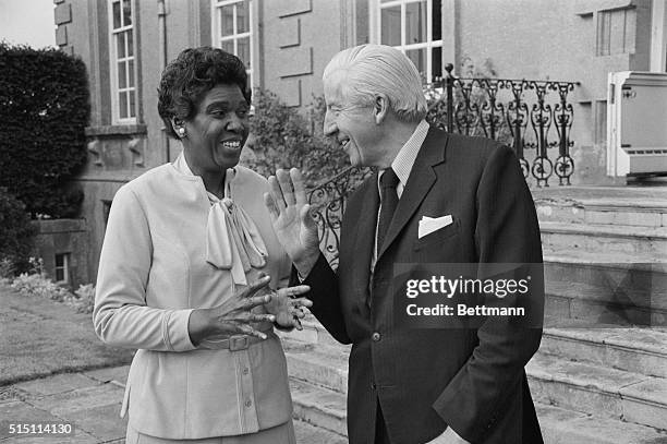 Oxford, England: Black American Congresswoman, Democratic Representative Barbara Jordan chats with Sir Michael Stewart, KCMG, OBE, Director of the...