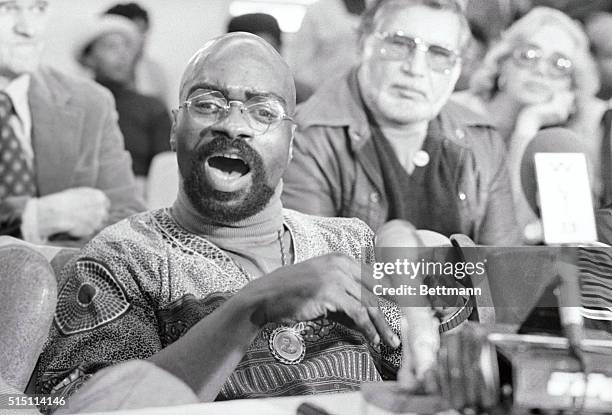 Clinton, N.J.: Former middleweight fighter Rubin "Hurricane" Carter speaks to the press at New Jersey's Clinton Prison after the state Supreme Court...