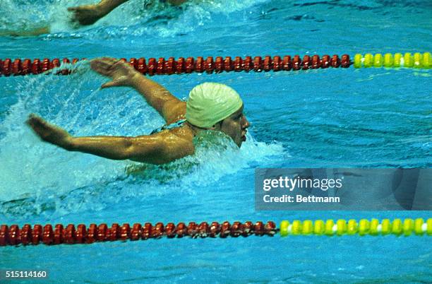 Montreal: East Germany's Andrea Pollack is on her way to win the womens 200-meter butterfly event here 7/19, clocking 2:11.41. Both 2nd and 3rd...