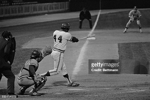 Milwaukee Brewers DH pitcher Hank Aaron hits his first home run of the year against Texas Rangers pitcher Nelson Briles in the 4th inning of the...