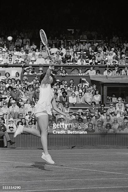 Former Wimbledon champion Billie Jean King of America is shown in action beating Maria Bueno of Brazil, 6-2, 9-5, 7-5 in the third round of the...