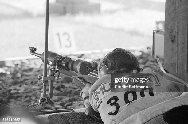 Acadie, Quebec: Margaret Murdock, Topeka, Kansas, lines up target during shooting competitions, July 21, where she won a gold medal in Olympic...