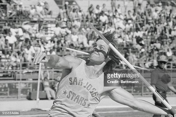 Eugene, Oregon: Bruce Jenner set a personal best in the Javelin as he runs up a total 8,444 points in the Decathlon, only 10 points off the World...