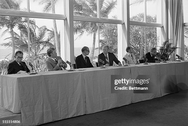 The leaders of seven nations prepare to give their final communique of their two day Economic Summit Conference at the Dorado Beach Hotel 6/28. Left...