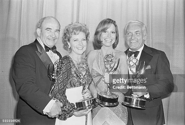 Mary Tyler Moore and her weekly comedy series won five Emmy's at the 28th Annual Television Academy Awards May 17 to top all other shows for the...