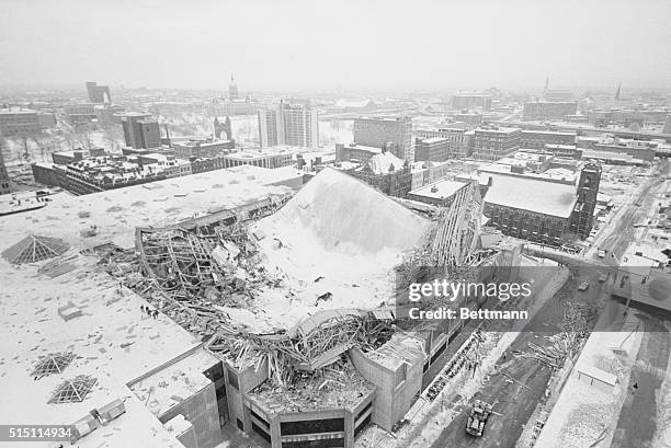 Hartford, Connecticut: The massive roof for the sports arena of the Hartford Civic Center caved in before dawn, virtually destroying the facility....