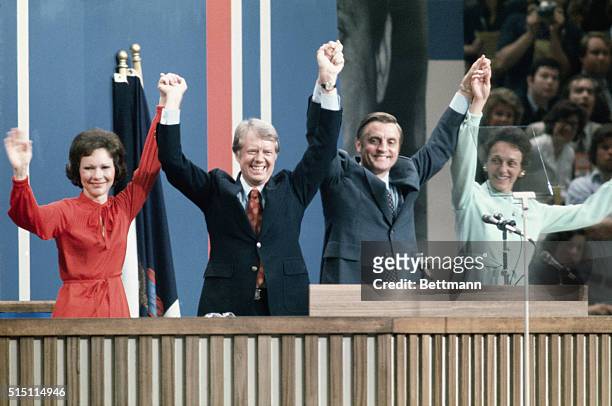 Democratic presidential nominee Jimmy Carter and Rosalynn Carter , with running mate Walter and Joan Mondale after acceptance of the democratic...