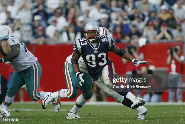 Defensive lineman Richard Seymour of the New England Patriots runs during the game against the Miami Dolphins at Gillette Stadium on October 10, 2004...