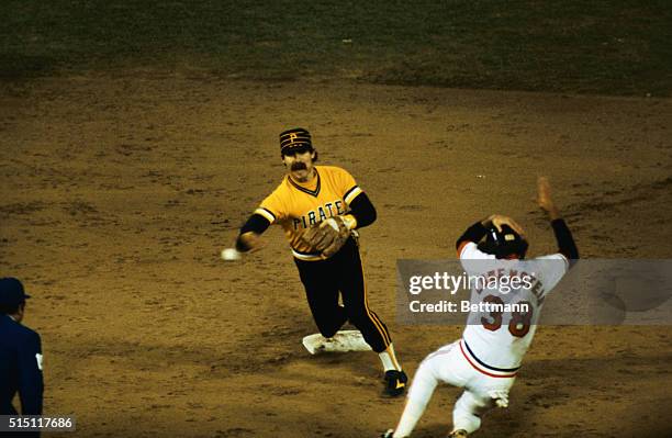 John Lowenstein of the Orioles is out at second as Pirate second baseman Phil Garner throws to first to double up Billy Smith in the fourth inning...