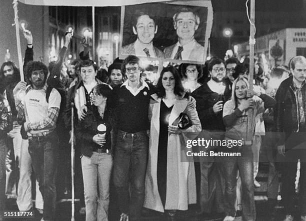 Crowd of 12,000 carried flickering candles here, as they marched from Castro Street to City Hall to honor slain Mayor George Moscone and Supervisor...