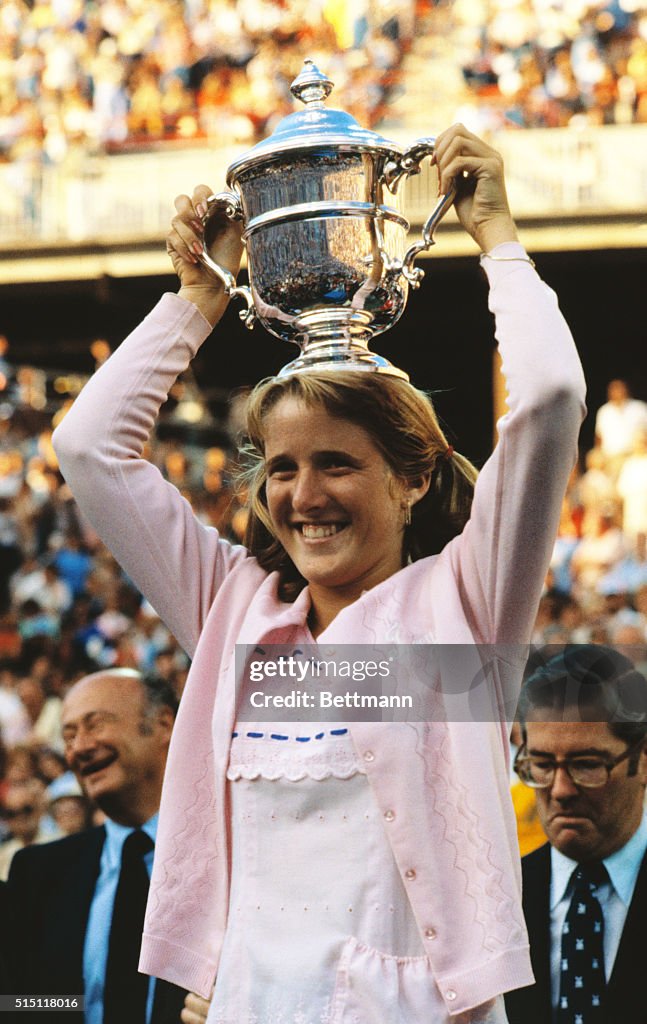 Tracy Austin Displaying Trophy