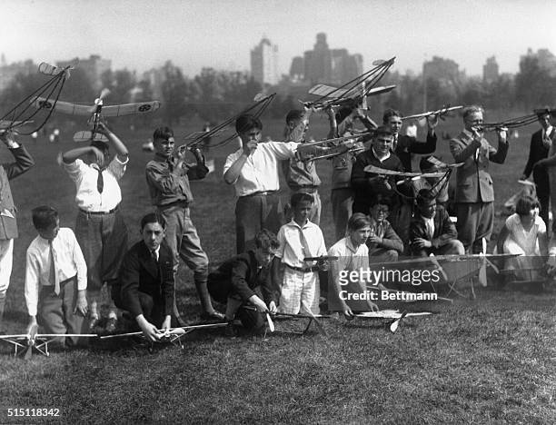 New York, New York, USA-ORIGINAL CAPTION READS: Powered by rubber bands, thirty-four miniature airplanes competed in derby at Central Park, New York....
