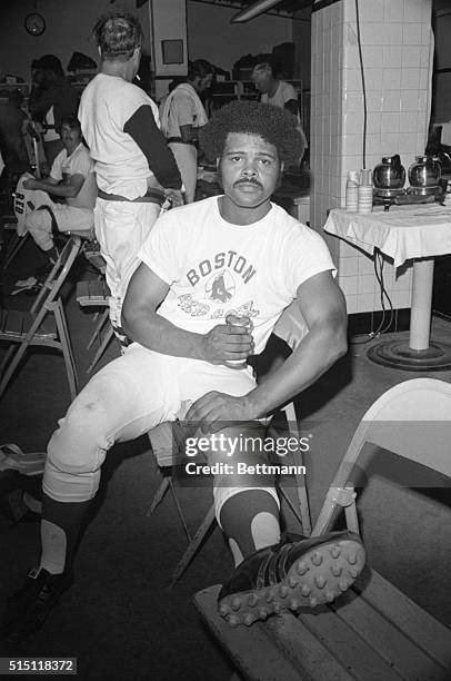 Reggie Smith relaxes in the Red Sox dressing room after their victory over the Milwaukee Brewers 7-5 at Fenway Park 9/27. Reggie doubled home two...