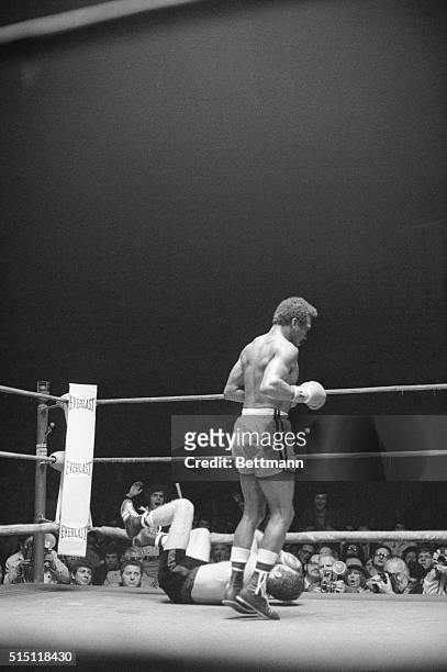 Inglewood, Calif.: Ernie "Indian Red" Lopez, World Welterweight Title challenger, falls to the canvas from a right uppercut thrown by Jose...