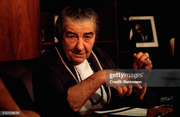 Prime Minister Golda Meir shown during an interview marking Israel's 25th anniversary, says the country's greatest achievement has been its mere...