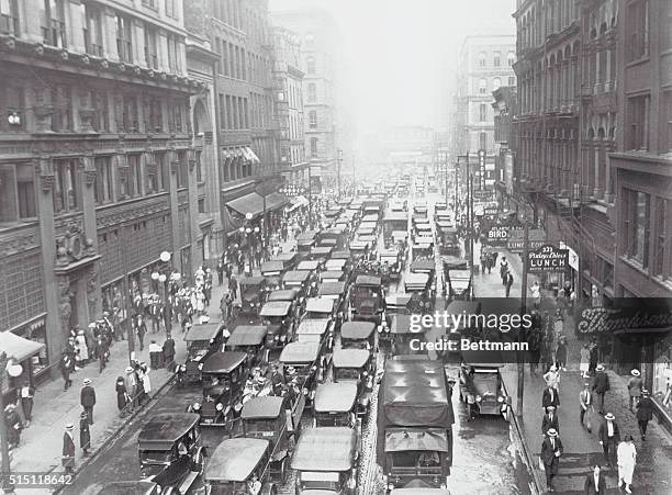 Chicago, Illinois: Scenes In Chicago During Street Car And Elevated Strike. This photograph looking east in Madison Street, gives an idea of the...