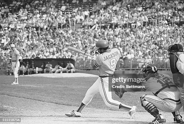 All-Star outfielder Reggie Jackson of the Oakland A's. Smashes the ball in a game against the Detroit Tigers during the American League playoffs.