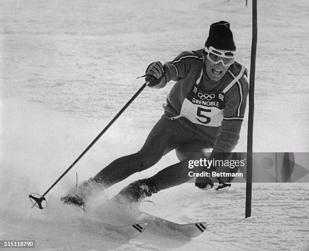 Jean-Claude Killy, is shown here in France, and in action during the Giant Slalom event for which he won his second Gold Medal of the Olympic games...