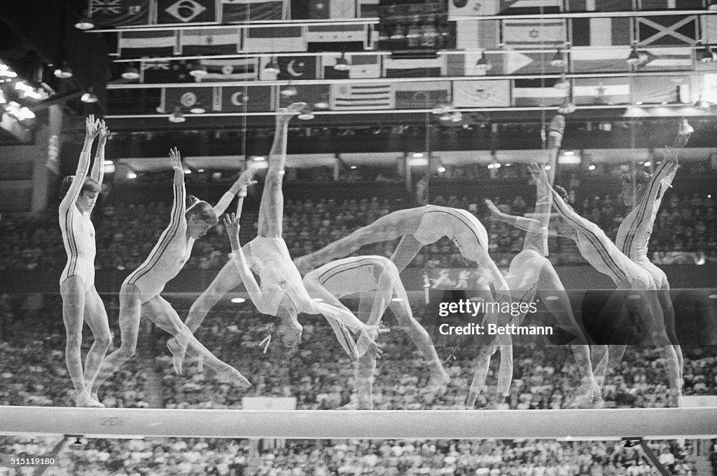 Multiple Exposure of Nadia Comaneci on Beam