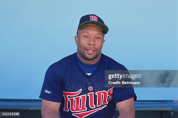 Minnesota Twins' outfielder Kirby Puckett sits on a bench. Kirby, who retired in 1996 after he was diagnosed with glaucoma, was subsequently inducted...