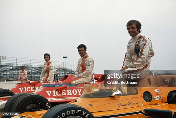 Peter Revson won the pole position for the Pocono 500 by setting a track record for one lap of 191.354. Al Unser and Mario Andretti make up the...