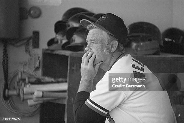 Miami: The manager of the Baltimore Oriole's, Earl Weaver, watches from the dugout as his team loses to the Pittsburgh Pirates 7-4, Weaver thinks of...